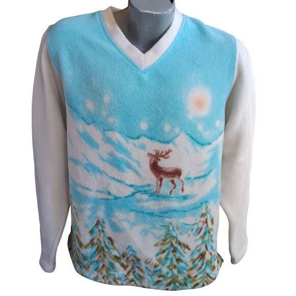 Vintage Women's Fleece Sweater Medium Catalina Mountain Scene V-Neck Deer Trees - Picture 2 of 5